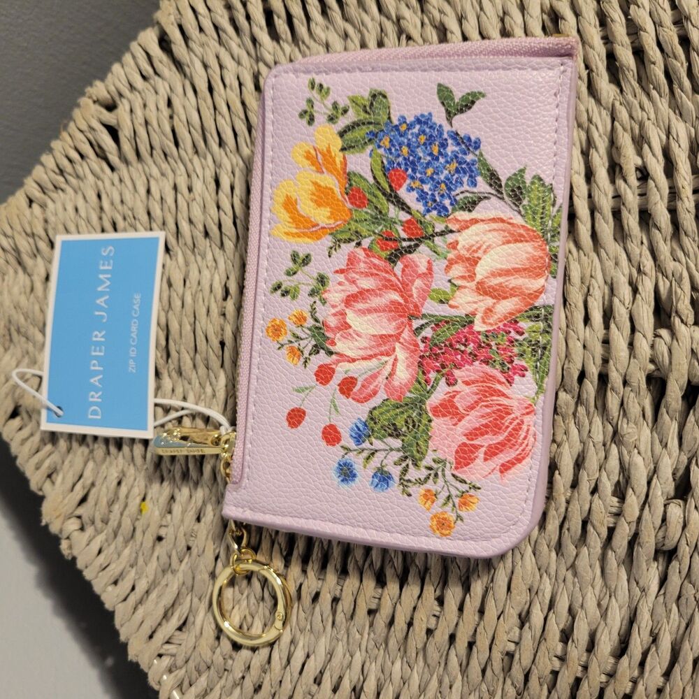 Draper James NWT Zip ID Card Case With Keychain Vintage Floral Pattern